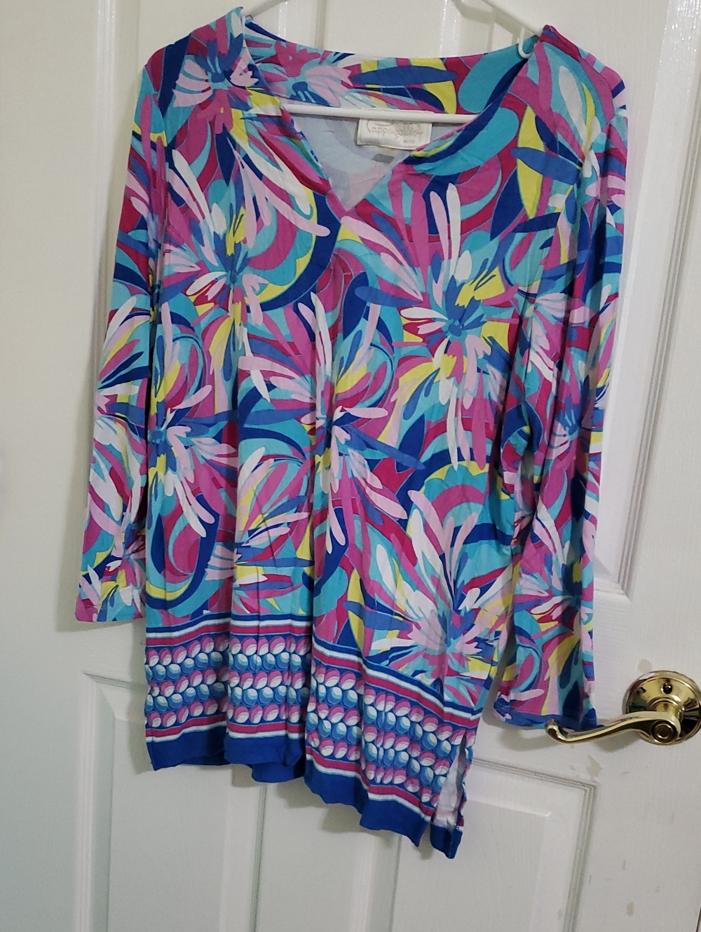 Pappagallo Colorful Blue & Pink Floral V-Neck Long Sleeve Flowy Tunic Top M
